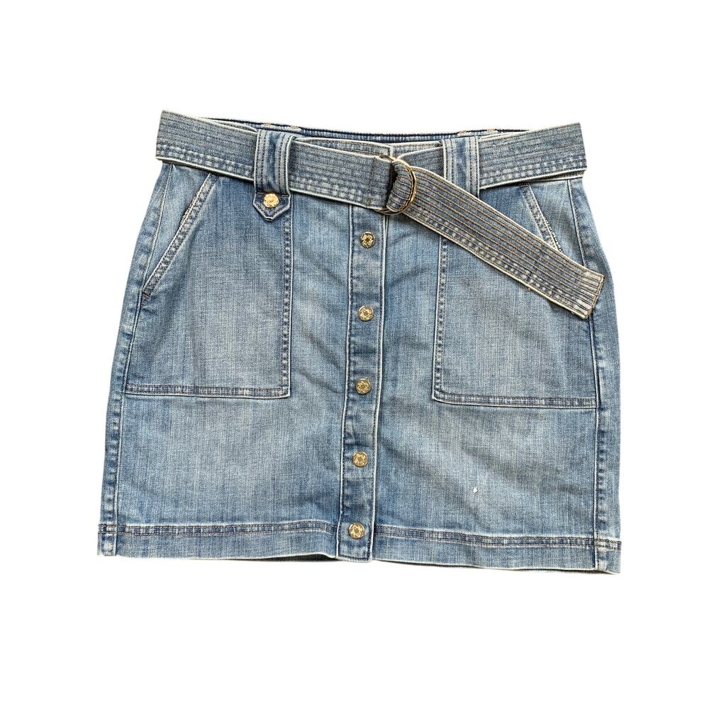 White House Black Market Skirt Womens 8 Blue Denim Jean Belted Button Up Mini